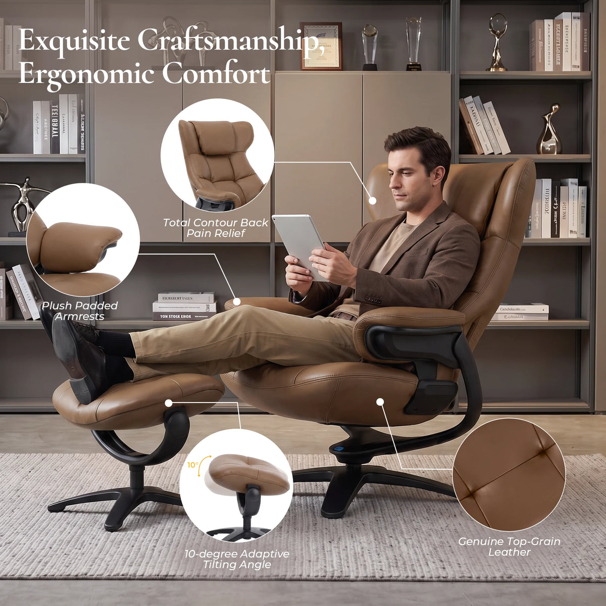 Brauner Loungesessel mit Hocker, ergonomische Rückenpolsterung, auf schwarzer Basis