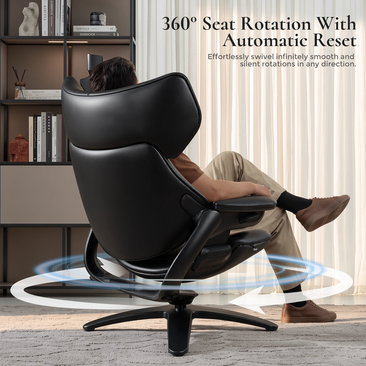 Schwarzer Loungesessel mit Hocker, 360° drehbare Sitzbasis