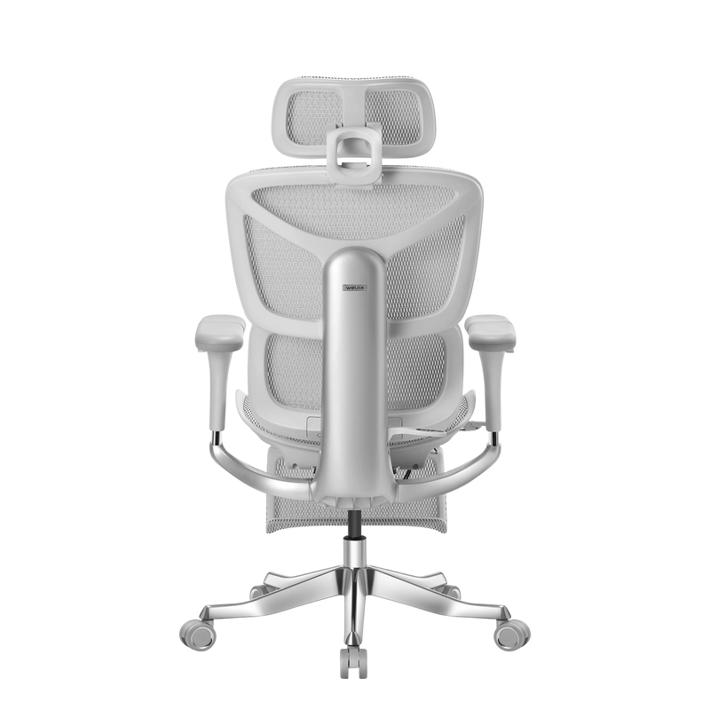 Weißer ergonomischer Bürostuhl mit Netzrücken und gepolsterter Sitzfläche, Rückansicht