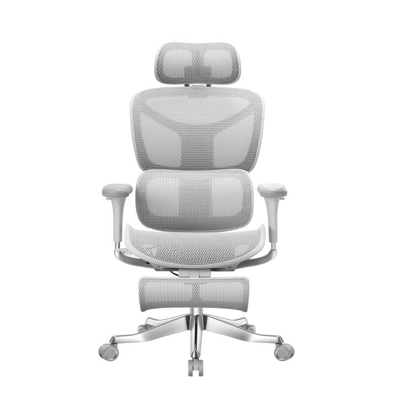 Weißer ergonomischer Bürostuhl mit Netzrücken und gepolsterter Sitzfläche, Rückansicht