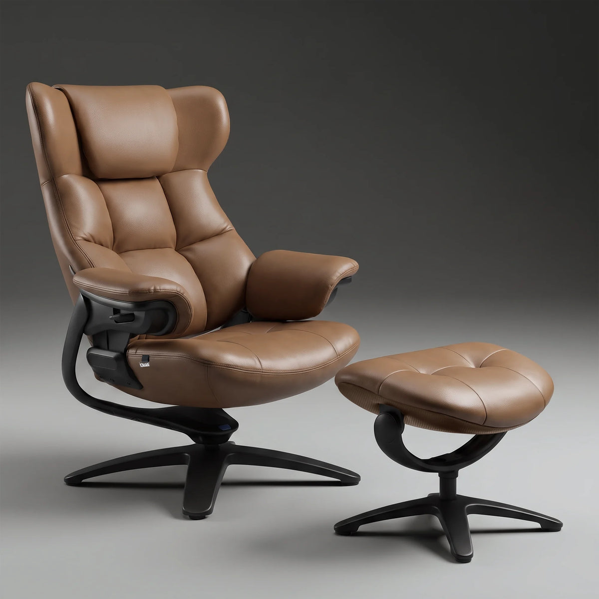 Brauner Loungesessel mit Hocker, gepolsterte Sitz- und Rückenfläche, Drehfuß